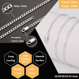 Rajputana 925 Silver Chain Necklace For Men 3mm Cuban Link Chain For Men Boy Sterling Silver Men'S Chain Necklaces Sturdy Curb Chain Jewelry Gifts 18 Inch