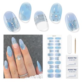 DUKASOU Gel Nail Stickers No UV Light Needed, 22Pcs Gel Nail Strips Set, Gel Nail Wraps for Women, Salon Quality Nail Polish Strips, Includes Prep Pads, Nail File & Wood Stick(Blue Butterfly)