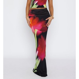 Goafuliy Floral Maxi Skirt - High Waist Foldover Skirt Fishtail Bodycon Long Pencil Skirt for Women 2024 Black Rose XL