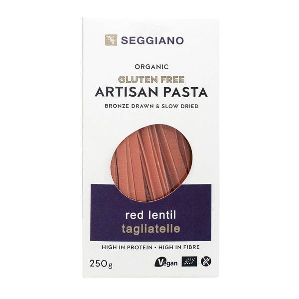 Seggiano Organic Red Lentil Tagliatelle 250g - Certified Gluten Free, Vegan, Vegetarian & GMO Free - High in Protein & High in Fibre - Made from 100% Legume Flour