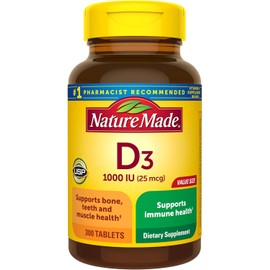 Nature Made Vitamin D3 1000 IU (25 mcg) - Supports Bone, Teeth, Muscle, and Immune Health, Dietary Supplement, 300 Tablets, 300-Day Supply.