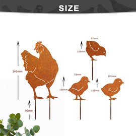 Voarge Chicken Garden Stake, Set of 4, Rust Stakes Made of Patina Metal, Garden Decoration, Chicken Garden, Rust Decoration for Garden, Patio, Balcony or Flower Pot