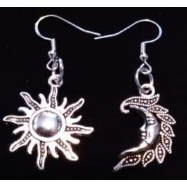 Antique Silver, Mismatched Sun & Moon Earrings on Sterling Silver Hooks
