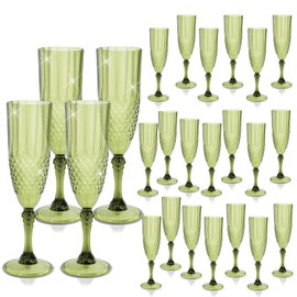 24 Pcs Green Plastic Champagne Flutes Acrylic Wine Glasses Goblets Reusable Vintage Champagne Flute Drinking Cups for Wedding Bridal Shower Bars Party Christmas Birthday, 7oz