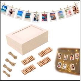 YceLon Pack of 20 Photo Lines with Clips, Photo Garland Set with 20 Paper Frames 10 x 15 cm and 20 Wooden Clips, Photo Curtain for Hanging for DIY, Party and Living Room Decoration