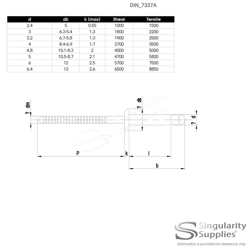 M3 (3mm x 6mm) Dome Blind Rivet - Stainless Steel