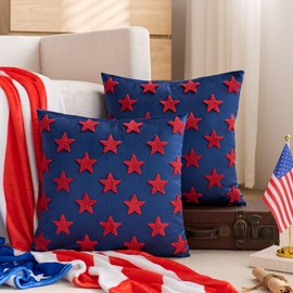 4th of July Pillow Covers Embroidery American Star Patriotic Throw Pillow Covers 18x18 Inch Set of 2 Usa Star Soft Short Plush Pillow Case Cushion Cases Couch Sofa Independence Memorial Day Decor