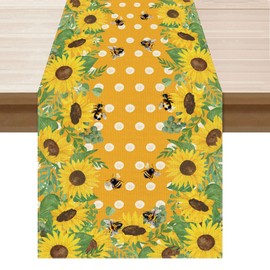 XCHI Yellow Sunflower Bees Eucalyptus Leaves Summer Table Runner Decoration for Home Kitchen Holiday Party Farmhouse 13x90 Inch