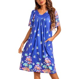 Ekouaer Womens House Dress Floral Print Nightgown with Pockets Mumu Dress, Blue, Large