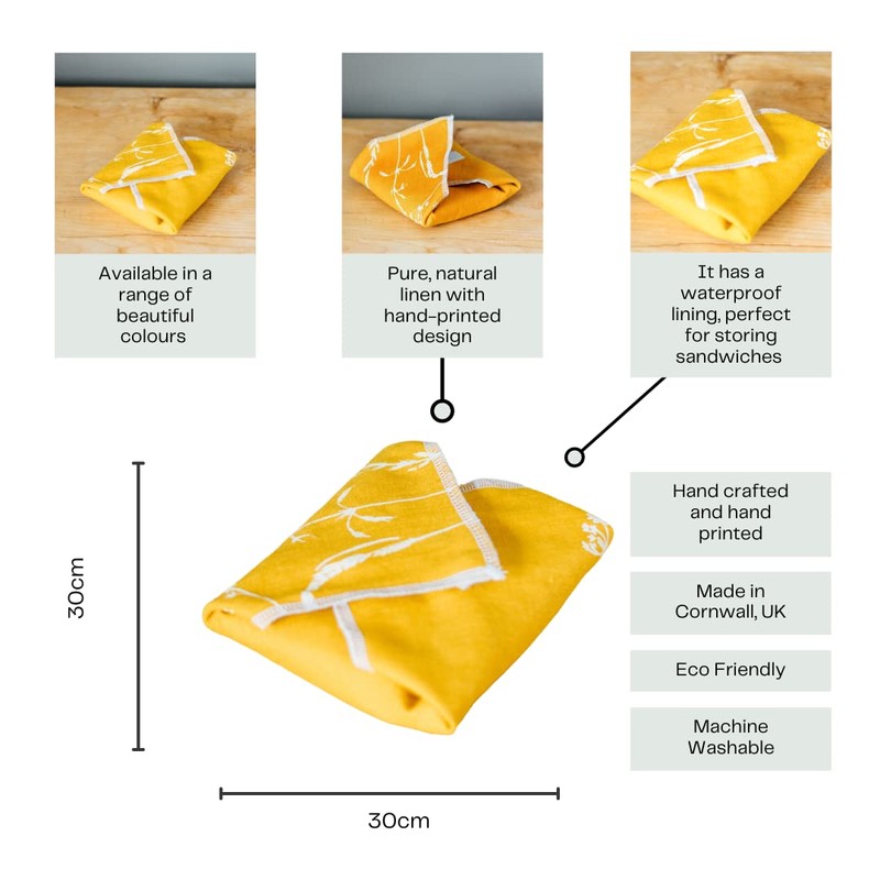 Reusable Linen Sandwich Wrap with food grade washable, waterproof lining.