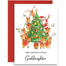 Goddaughter Christmas Card - Decorating the Tree - Medium Sized Card (A5 Size -148mm x 210mm) with Envelope