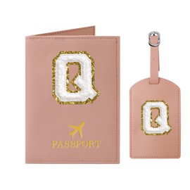 Passport Holder for Travel Women Initial Passport Cover Passport Wallet Passport Case Travel Essentials Leather Passport Holder and Luggage Tags Set With Chenille Letter Patch for Travel Family Pink Q