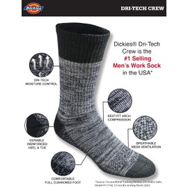 Dickies Men's Dri-tech Moisture Control Crew Socks Multipack, Black Free Run (6 Pairs), Shoe Size: 6-12