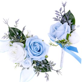 Fnize Blue Corsage and Boutonniere Set for Bride Groom Bridesmaids Groomsmen Wedding Homecoming Flowers Prom Suit Accessories, Rose Boutonniere and Wrist Corsage Flower