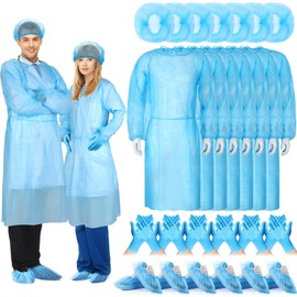 Xuhal 30 Set Blue Disposable Isolation Gowns Set PPE Gowns Disposable Bouffant Caps with Elastic Cuffs Disposable Gloves and Shoe Covers for Labs Home Isolation Beauty Agencies Food Service