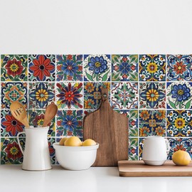 30 Pcs Mediterranean Style Peel and Stick Wall Tile Decals - Waterproof Vinyl Stickers for Kitchen Backsplash, Bathroom, Stair Riser Decor - Spanish Floral Pattern - 4x4 Inch