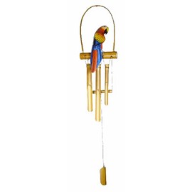 Hand Carved Bamboo Wooden Bobbing Red Parrot Bird Wind Chime Tropical Tiki Garden Home Pool Patio Decor
