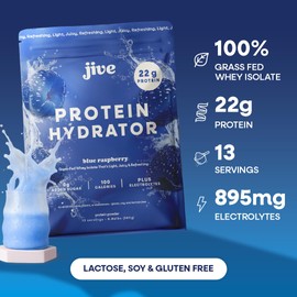 Jive Clear Protein Powder - 22g Grass-Fed Whey Isolate, 13 Servings - Blue Raspberry - 895mg of Electrolytes - Zero Added Sugar - Clear Drink Protein Water & Juice