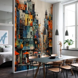 Modern City Wall Murals Peel and Stick 148" W x 98" H Colorful Wallpaper Removable 3D Graffiti Wall Paintings People Building Abstract Wall Decor for Bedroom Bathroom Office