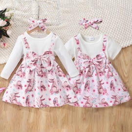Verve Jelly Toddler Baby Girl My First Easter Day Outfit Long Sleeve Rabbit Print Skirt Princess Party Dress Summer Clothing Set with Headband, Pink (pink long-sleeved)