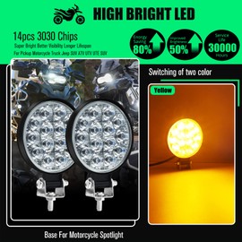 HONLEEX 2Pcs 3.4'' Round Off Road Lights Amber/3000K,14 LEDs 17w 3400LM White LED Work Light with Switch Kit for Truck/SUV/ATV/JEEP/4WD Jeep/Boat/Tractor.