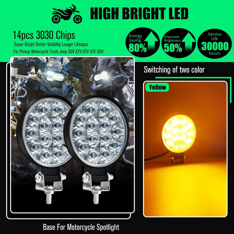 HONLEEX 2Pcs 3.4'' Round Off Road Lights Amber/3000K,14 LEDs 17w