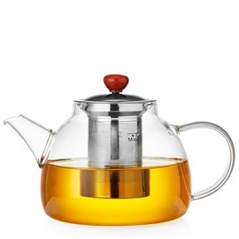 Pocaro Tea Pot, Round Body, Large Capacity, Full Water Capacity, 30.1 fl oz (1,300 ml), Stainless Steel Infuser, Fine Mesh, Jumping, Clear, Teapot, Suitable for Direct Fire, Hot Water, Lid Included,