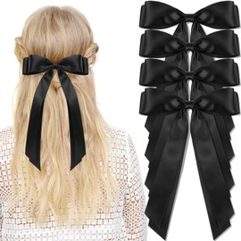 vivinin 4pcs Solid Silky Satin Hair Bows for Women, Hair Ribbon Clip with Long Tail, Ribbon for Hair Daily Wear, White and Black Hair Clips for Women Hair Accessories for Women Girls Gifts