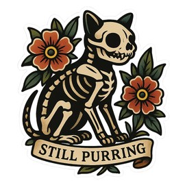 Cat Skeleton with Flowers Neo-Traditional Tattoo Sticker (2.75" x 3.25")