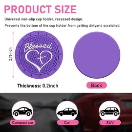 Augeny 2PCS Car Cup Holder Coaster, Non-Slip PVC Insert Cup Coaster, 2.76 Inch Blessed Cross and Heart Christian Auto Drink Cup Mat, Interior Car Accessories for Women Girls (Dark Purple 2PCS)