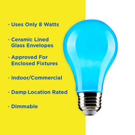 Satco S14985 8 Watt A19 LED Color Light Bulb, Ceramic Blue