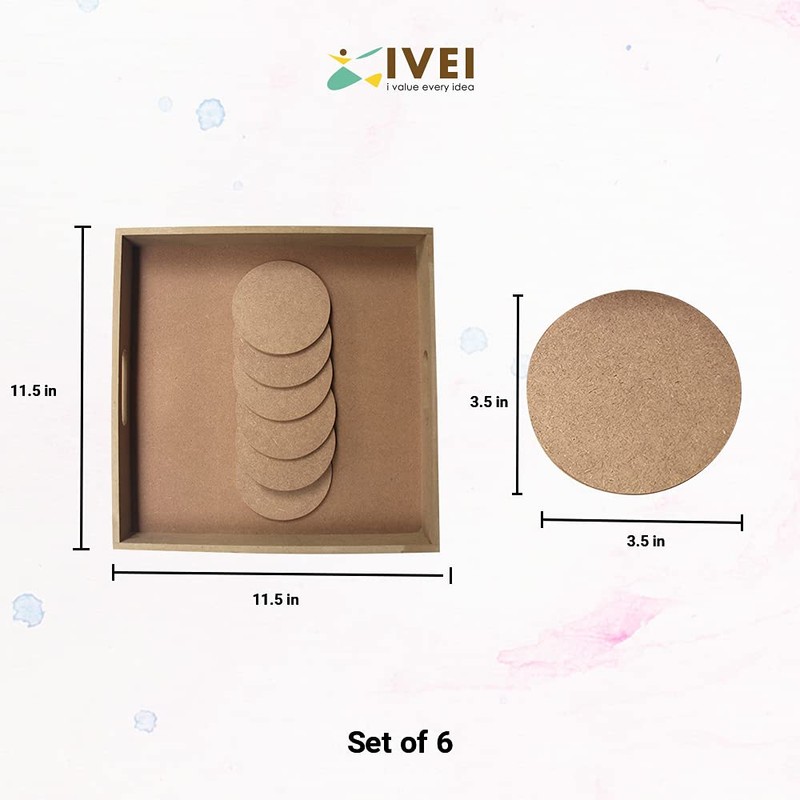 IVEI Do-it-Yourself Square Tray with Solid Color Round MDF Coasters,