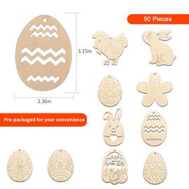 Pack of 50 Easter Pendants Wooden Painting, Unfinished Easter Decoration Wood for Hanging, DIY Easter Pendants, Wooden Painting, Easter Eggs, Rabbit, Chicken, Flower for Painting, for Wood, Painting,