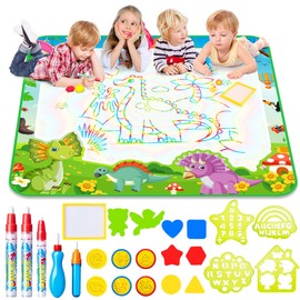 LOYO Water Doodle Mat, 105X100CM Mess Free Colouring Water Mat with 5 Water Pens, 6 Animal Stamps, Dinosaur Educational Toys for 3 4 5 6 7 8 Year Old Boys Birthday Gifts