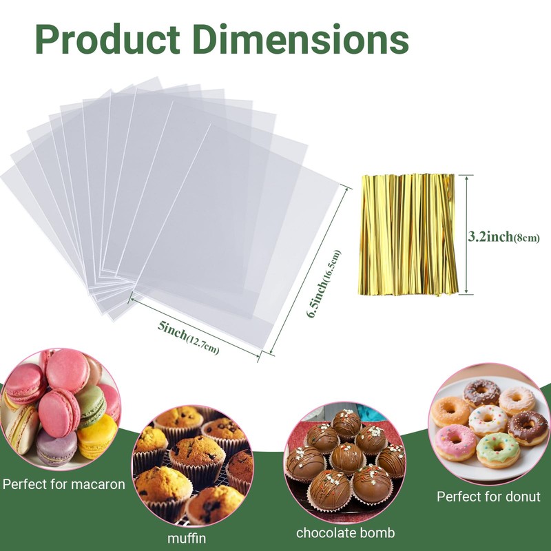 ROSPAKTEK 100 Pcs 5x6.5 Cellophane Muffin Bags with Gold Twist