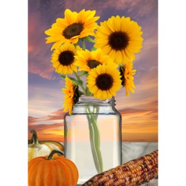 America Forever Sunflower Fall House Flag 28 x 40 inch Double Sided Farmhouse Autumn Floral Mason Jar Harvest Pumpkins Corns Thanksgiving Seasonal Yard Patio Lawn Outdoor Decoration