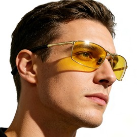 luckinsell Night Sunglasses, Men's Night Driving Glasses, UV400, Night Sports Sunglasses, Ultra Lightweight, Outdoor, Day and Night Use, Yellow Lens, gold frame