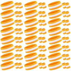 72 Pcs Bulk Striped Sweatband Set Include 24 Pcs Sweat Absorbing Striped Headbands and 48 Pcs Sweatbands Wristbands Cotton Athletic Sweat Bands for Men Women Gym Sports Workout (White, Yellow)