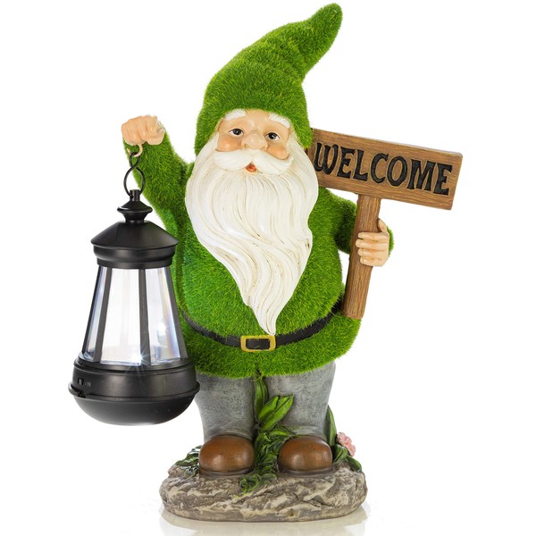 VP Home Welcome Flocked Gnome with Lantern Solar Powered LED Outdoor Decor Garden Light Welcome gnome Statues Outdoor gnome Decor Funny Figurine Decor for Outside Patio, Yard, Lawn