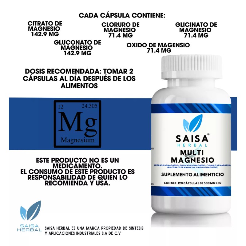 Saisa Herbal Citrato De Magnesio + Glicinato Cloruro Gluconato 120