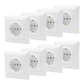 GOIYZTTR Pack of 8 Sockets, Flush-Mounted, White, Schuko Socket, 1 Compartment, EU Standard, 250 V, Earthing Contact Socket for Living Room, Kitchen, Office (82 mm x 82 mm)