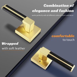EHOMEWARE 6 Pack Passage Lever Door Handle, Gold Door Levers with Black Leather, Keyless Brass Interior Door Handles for Closet Keyless Indoor Door Locks