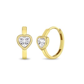14k Yellow Gold Clear Cubic Zirconia Sparkling Heart Hoop Earrings For Little Girls & Preteens 9mm - Small Hoop Earrings For Children - Clear Glimmering CZ Earrings For Girls