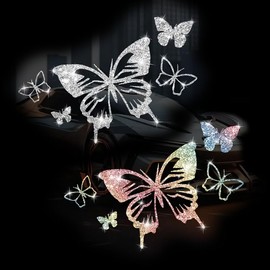 2PCS Sparkling Heart Butterflies Self-Adhesive PVC Rainbow Glittery Decal Sticker for Cars, Laptops, Trucks, Motorcycles Wall Window Luggage Scratch Cover Door Multi-Surface Decor Sticker