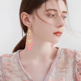 JIMARIN Handmade Dainty Sparkly Acrylic Beaded Fringe Chandelier Dangle Drop Earrings Boho Gold Long Tassel Flower Crystal Teardrop Hook Earrings For Women (Pink)