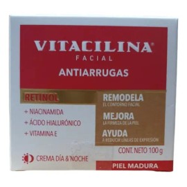 Vitacilina Crema Facial Antiarrugas con Retinol y Ácido Hialurónico, Uso Día y Noche, 100g, Todo Tipo de Piel                                         