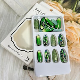 Press on Nails Almond Medium Artificial Acrylic Nails Rhinestones Gold Glitter Powder Design Almond False Nails Green French False Nails Full Cover Reusable Coffin Nails Glue on Nails for Women 24Pcs
