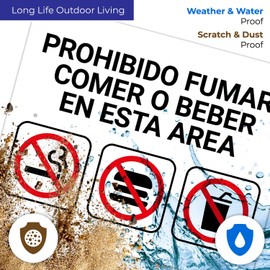 Do Not Smoke Eat or Drink in This Area Spanish Sign, 24x30 Inches, 55 mil Thick HDPS (high Density polystyrene), Made in USA