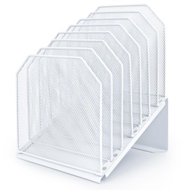 SUMMORO Inclined File Organizer for Desk, 7-Tier Vertical File Folder Holder Office Desk Organizer Metal Rack File Wire Mesh Desktop Document Sorter for Office School Classroom Home (White)