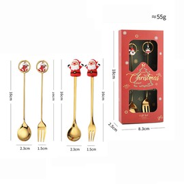 zhongguoqiaomao Set of 4 Christmas Coffee Spoons and Forks Set, Stainless Steel Mixing Spoon, Dessert Spoon, Teaspoon, Table Fork, Christmas Cutlery Set for Tea Soup, Gift Box Packaging